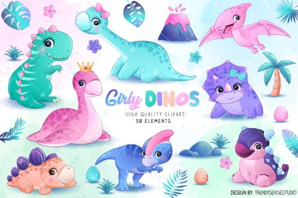 Doodle Girly Dinosaurs Clipart for Creative Projects