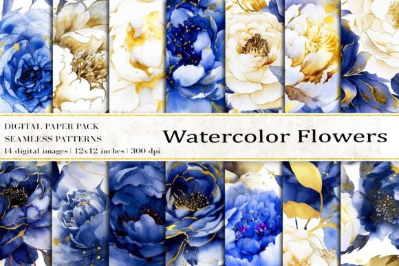 Elevating Digital Craftsmanship with Watercolor Blue Gold Flowers Digital Pap